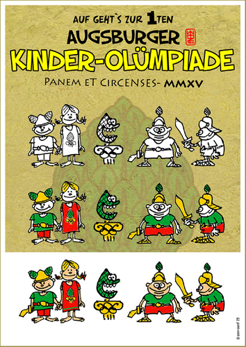 Cartoon: Kinder-Olümpiade-1 (medium) by zenundsenf tagged andi,walter,augsburg,augsburger,kinderolümpiade,2015,augustine,augustix,augustus,cartoon,comic,grafik,guschtl,illustration,maskottchen,olympiade,zenf,zensenf,zenundsenf