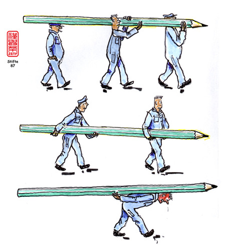 Cartoon: Stifte (medium) by zenundsenf tagged andi,walter,zenundsenf,zensenf,zenf,apprentice,pencil,lehrling,stift