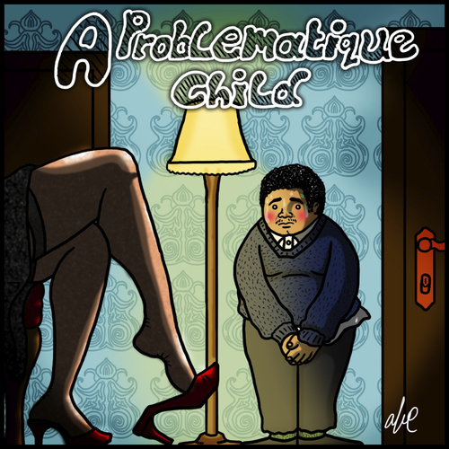 Cartoon: A Problematique Child (medium) by Abe tagged child,legs,blush,red,high,heels,pantyhose,female,woman,desire,teenage,gender,complex,issue,boy,young,man,clumsy,assert,dangling