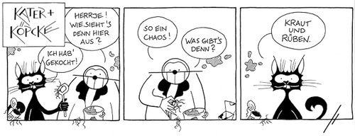 Cartoon: Kater u. Köpcke - So ein Chaos! (medium) by badham tagged köpcke,kater,hammel,badham,essen,meal,nutrition,chaos,mess,kraut,rüben,higgledypiggledy
