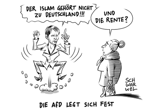 Cartoon: AfD Parteitag (medium) by Schwarwel tagged afd,parteitag,partei,alternative,für,deutschland,frauke,petry,storch,rechts,nazi,rechtspopulismus,minarett,muezzin,verbot,rente,karikatur,schwarwel,islam,islamfeindlich,flüchtlinge,geflüchtete,antiislam,parteiprogramm,der,gehört,nicht,zu,afd,parteitag,partei,alternative,für,deutschland,frauke,petry,storch,rechts,nazi,rechtspopulismus,minarett,muezzin,verbot,rente,karikatur,schwarwel,islam,islamfeindlich,flüchtlinge,geflüchtete,antiislam,parteiprogramm,der,gehört,nicht,zu