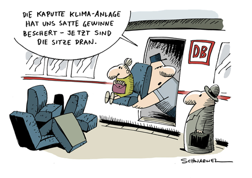 Cartoon: Bahn trotz Desaster hoch im Plus (medium) by Schwarwel tagged db,deutsche,bahn,desaster,hitze,klimaanlage,klime,plus,umsatz,wachstum,deutschland,gewinn