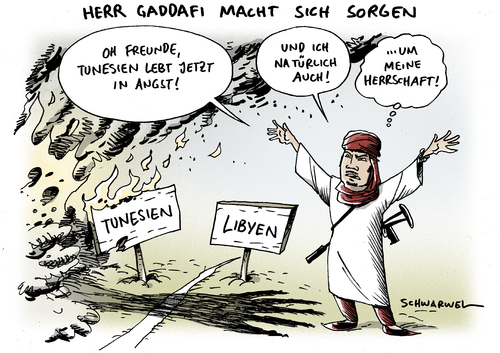 Cartoon: Gaddafi Sorgen um Tunesien (medium) by Schwarwel tagged gaddafi,sorge,tunesien,politik,unruhen,afrika,aufstand,lybien,libyen,revolution,staat,regierung,karikatur,schwarwel,gaddafi,sorge,tunesien,unruhen,afrika,aufstand,lybien,libyen,revolution,staat,regierung