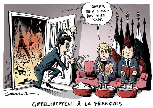 Cartoon: Gipfeltreffen a la francais (medium) by Schwarwel tagged gipfeltreffen,gipfel,russland,deutschland,frankreich,moskau,eu,europäische,union,rente,protest,rentenreform,sarkozy,flucht,innenpolitisch,politik,politiker,problem,frau,gesellschaft,karikatur,schwarwel,gipfeltreffen,gipfel,russland,deutschland,frankreich,moskau,eu,europäische union,rente,protest,rentenreform,sarkozy,flucht,europäische,union