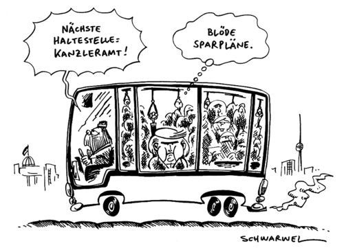 Cartoon: Haltestelle Kanzleramt (medium) by Schwarwel tagged angela,merkel,sparpläne,krise,wirtschaft,wirtschaftskrise,sparen,karikatur,schwarwel,haltestelle,kanzleramt