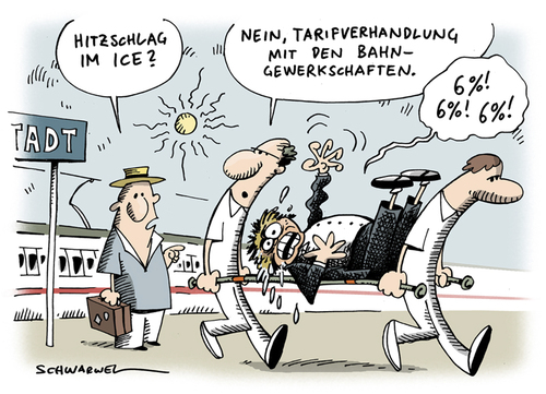 Cartoon: Hitzschlag im ICE und Bahn-Tarif (medium) by Schwarwel tagged hitzschlag,ice,deutsche,bahn,tarifverhandlungen,karikatur,schwarwel