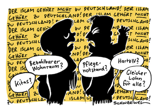 Cartoon: Islamdebatte Seehofer Merkel (medium) by Schwarwel tagged islam,gehört,zu,deutschland,seehofer,merkel,regierungserklärung,bundeskanzlerin,cdu,csu,horst,angela,meerkel,heimatminister,minister,rechtsextrem,rechtsextremismus,rassenhass,rassismus,rassistisch,rechtspopulisten,nazis,faschisten,nonazis,flüchtlinge,geflüchtete,flüchtlingskrise,flüchtlingspolitik,asyl,asylsuchende,flüchtlingsheime,religion,christen,christlich,christentum,muslime,moslems,juden,kirche,staat,kreuz,christus,judenstern,dobrindt,groko,große,koalition,regierungsbildung,cartoon,karikatur,schwarwel,pflegenotstand,kitaplätze,hartz,iv,bezahlbarer,wohnraum,lohngleichheit,islam,gehört,zu,deutschland,seehofer,merkel,regierungserklärung,bundeskanzlerin,cdu,csu,horst,angela,meerkel,heimatminister,minister,rechtsextrem,rechtsextremismus,rassenhass,rassismus,rassistisch,rechtspopulisten,nazis,faschisten,nonazis,flüchtlinge,geflüchtete,flüchtlingskrise,flüchtlingspolitik,asyl,asylsuchende,flüchtlingsheime,religion,christen,christlich,christentum,muslime,moslems,juden,kirche,staat,kreuz,christus,judenstern,dobrindt,groko,große,koalition,regierungsbildung,cartoon,karikatur,schwarwel,pflegenotstand,kitaplätze,hartz,iv,bezahlbarer,wohnraum,lohngleichheit
