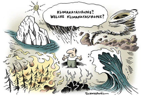 Cartoon: Klimakatasrophe Brände Flut (medium) by Schwarwel tagged klimakatasrophe,klima,katastrophe,brand,brände,russland,abgebrochener,gletscher,flut,überflutung,sachsen,karikatur,schwarwel