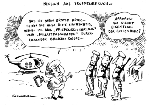 Cartoon: Merkel Afghanistan (medium) by Schwarwel tagged merkel,angela,angie,blitzbesuch,besuch,truppen,soldat,bundeswehr,afghanistan,krieg,kollateralschaden,frieden,guttenberg,karikatur,schwarwel,angela merkel,blitzbesuch,besuch,truppen,soldat,bundeswehr,afghanistan,krieg,kollateralschaden,frieden,guttenberg,angela,merkel