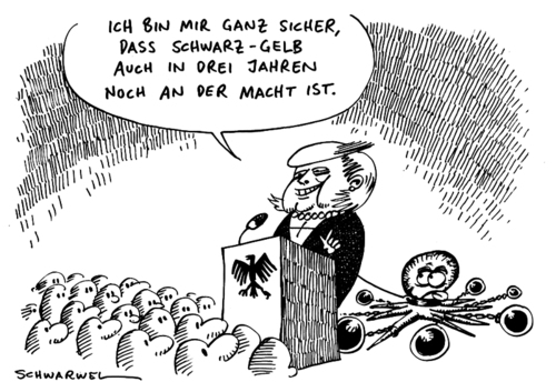 Cartoon: Merkel Rede (medium) by Schwarwel tagged angela,merkel,tentakel,tintenfisch,macht,regierung,krise,koalition,wirtschaftskrise,cdu,csu,fdp,schwarz,gelb,partei,deutschland,karikatur,schwarwel