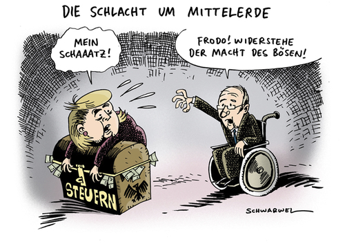 Cartoon: Merkel sitzt auf den Steuern (medium) by Schwarwel tagged angela,merkel,steuern,politik,politiker,regierung,deutschland,schatz,macht,mittelerde,frodo,böse,karikatur,schwarwel