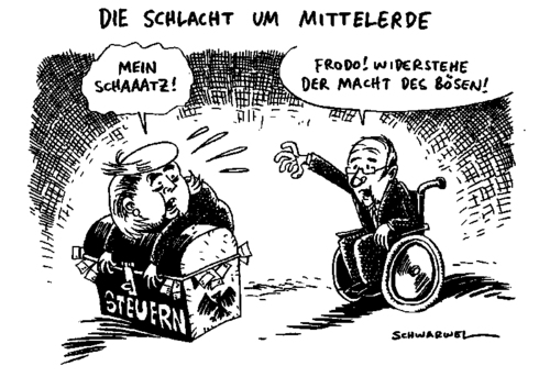 Cartoon: Merkel sitzt auf den Steuern (medium) by Schwarwel tagged angela,merkel,steuern,politik,politiker,regierung,deutschland,schatz,macht,mittelerde,frodo,böse,karikatur,schwarwel