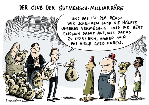 Cartoon: Milliardäre tun Gutes (medium) by Schwarwel tagged milliardär,geld,reich,reichtun,spenden,vermögen,wohltätiger,zweck,gates,buffett,revolution,rockefeller,karikatur,schwarwel
