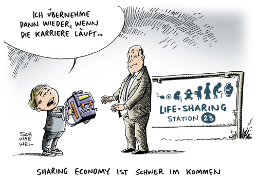 Cartoon: Sharing Economy (medium) by Schwarwel tagged sharing,economy,carsharing,mietapartments,werkzeugtausch,karikatur,schwarwel,sharing,economy,carsharing,mietapartments,werkzeugtausch,karikatur,schwarwel