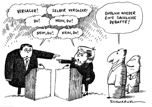 Cartoon: SPD CDU Vorwurf Versagen (medium) by Schwarwel tagged spd,cdu,partei,deutschland,versagen,angela,merkel,politik,politiker,krise,gabriel,podium,debatte,streit,koalition,karikatur,schwarwel,spd,cdu,partei,deutschland,versagen,angela merkel,krise,sigmar gabriel,podium,debatte,streit,koalition,angela,merkel,sigmar,gabriel