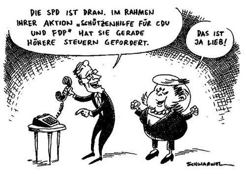 Cartoon: SPD gibt Schützenhilfe (medium) by Schwarwel tagged spd,cdu,fdp,steuer,schützenhilfe,angela,merkel,karikatur,schwarwel