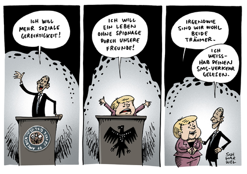 Cartoon: Staatsreden Obama Merkel (medium) by Schwarwel tagged staatsrede,obama,merkel,soziale,gerechtigkeit,nsa,spionage,us,usa,sms,überwachung,karikatur,schwarwel,staatsrede,obama,merkel,soziale,gerechtigkeit,nsa,spionage,us,usa,sms,überwachung,karikatur,schwarwel