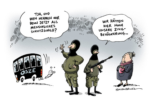 Cartoon: Ukraine OSZE Beobachter (medium) by Schwarwel tagged ukraine,osze,militärbeobachter,separatisten,karikatur,schwarwel,schutzschild,ukraine,osze,militärbeobachter,separatisten,karikatur,schwarwel,schutzschild