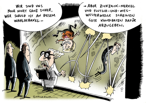 Cartoon: Wahldebakel FDP CDU (medium) by Schwarwel tagged wahl,debakel,cdu,fdp,merkel,westerwelle,partei,deutschland,regierung,politik,wirtschaft,karikatur,schwarwel,wahl,wahlen,debakel,cdu,fdp,angela merkel,guido westerwelle,partei,deutschland,regierung,angela,merkel,guido,westerwelle