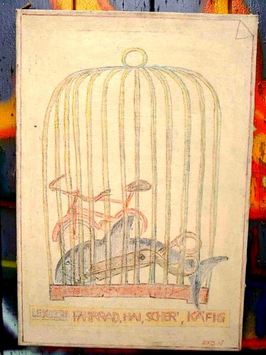 Cartoon: Aufgewärmt (medium) by manfredw tagged fahrrad,schere,hai,käfig,faraday,lexikon,sprache