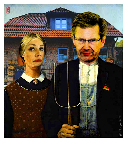 Cartoon: german gothic (medium) by edda von sinnen tagged eigenheim,korruption,politik,kredit,christian,bettina,wulff,german,bundespräsident,wood,grant,walter,andi,zenf,zensenf,zenundsenf,gothic,american,mistgabel,mist,edda,von,sinnen