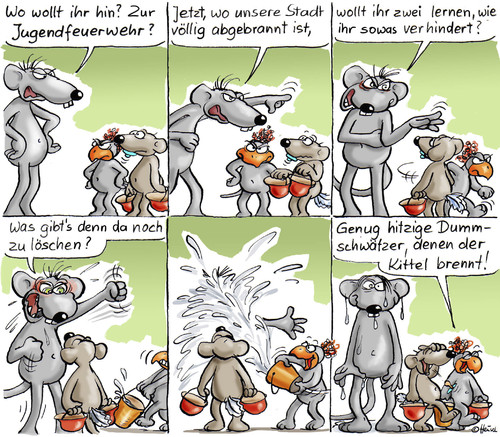 Cartoon: Jugendfeuerwehr (medium) by Ratte Ludwig tagged ratte,ludwig,feuerwehr,brand,kasse,leer,stadt