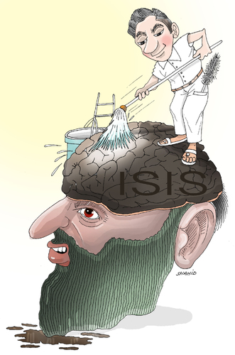 Cartoon: Cleaning The Black Brain (medium) by Shahid Atiq tagged afghanistan,kabul,syria,iran,switzerland,schweiz,usa,france,football,safi,cartooneu,uk,isis,taliban,cartoons,caricature,raiyan,ehba,bahar