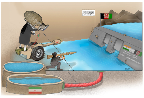Cartoon: Conflict between Iran and Taliba (medium) by Shahid Atiq tagged afghanistan