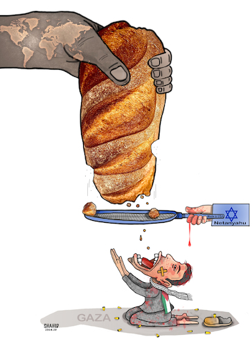 Cartoon: Gaza children need food! (medium) by Shahid Atiq tagged palestine