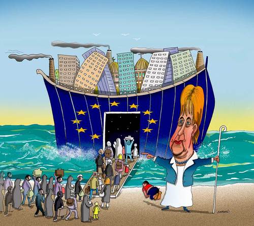 Cartoon: Immigrant amd Merkel (medium) by Shahid Atiq tagged afghanistan,kabul,isis,terrorism,taliban