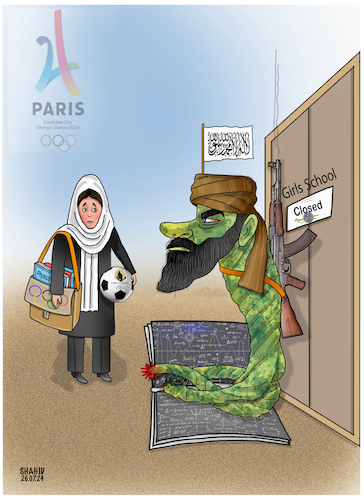 Cartoon: Let me learn and do Sports! (medium) by Shahid Atiq tagged afghanistan