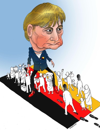 Cartoon: Merkel and Black Refugee ! (medium) by Shahid Atiq tagged nice,shahid,fara,atiq,safe,uk,cartooneu,safi,football,france,usa,schweiz,switzerland,iran,syria,kabul,afghanistan