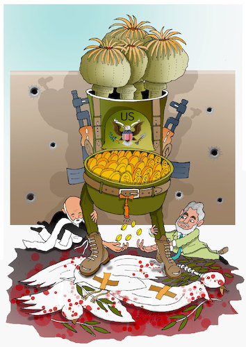 Cartoon: Mineral and Drugs Exploitation ! (medium) by Shahid Atiq tagged afghanistan,balkh,helmand,kabul,london,nangarhar,attack