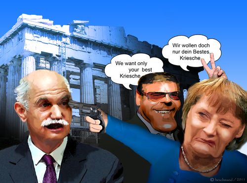 Cartoon: Wir wollen doch nur dein Bestes (medium) by heschmand tagged bank,deutsche,europa,merkel,griechenland