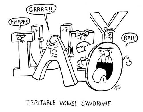 Cartoon: irritable vowel syndrome (medium) by sardonic salad tagged ibs,irritable,vowel,syndrome,cartoon,sardonic,salad
