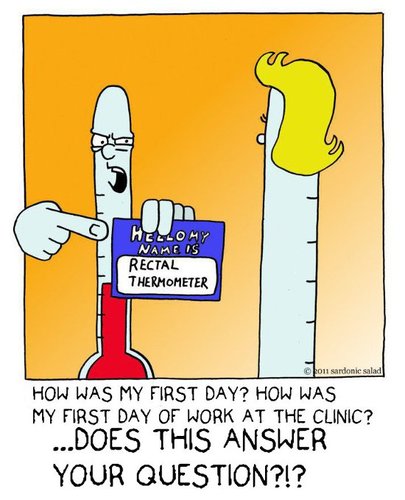 Cartoon: new job (medium) by sardonic salad tagged rectal,thermometer,cartoon,comic,humor,sardonic,salad