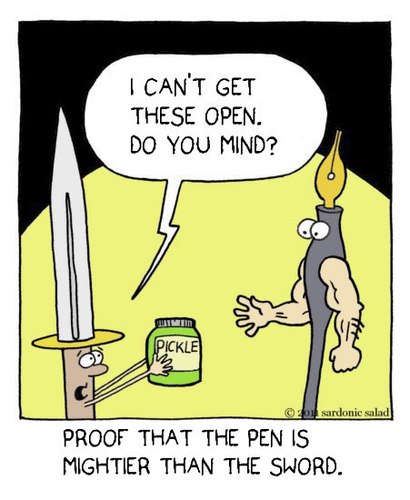 Cartoon: pen is mightier... (medium) by sardonic salad tagged pen,sword,might,cartoon,comic,humor