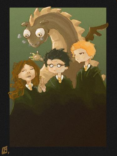 Cartoon: Harry Potter (medium) by Laurie Mouret tagged harry,potter,ron,hermione,dragon,
