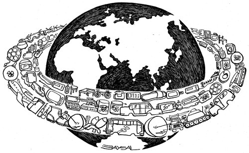 Cartoon: Global (medium) by ercan baysal tagged industrialization,ercanbaysal,line,ink,ecological,black,logo,white,sketch,study,greetngs,pencil,pen,form,favorite,vision,image,draw,picture,job,good,trade,astronomy,lie,cartoons,design,space,chip,global,grafik