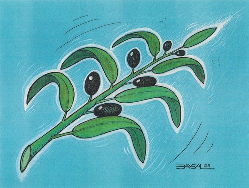 Cartoon: Olive (medium) by ercan baysal tagged pen,image,picture,tattoo,logo,illustration,blue,branch,leaf,green,tree,olive,pencil,coloring,vision,good,tag,job,art,fine,artwork,form,humour,satire,fantasy,ercanbaysal,turkey,turkiye,oil,fruit