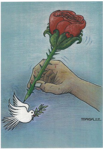 Cartoon: Rose and Pigeon (medium) by ercan baysal tagged opinion,tag,word,draw,picture,idea,vision,job,good,satire,artwork,art,fly,hand,pigeon,rose,picturize,create,fine,ercanbaysal,resistance,handmade,work,cartoons,literature,baysal,artist