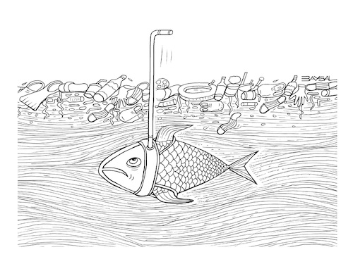 Cartoon: Sea and fish (medium) by ercan baysal tagged sea,fish,cleanseas,waste,refuse,microplastic,pollution,plastic