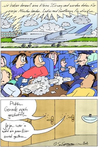 Cartoon: Notlandung (medium) by chaosartwork tagged notlandung,flugzeug,flughafen,tower,pilot,piloten,copilot,störung,gestern,zuviel,getrunken,gesoffen,toilette,klo,panik,panikmache,dringend