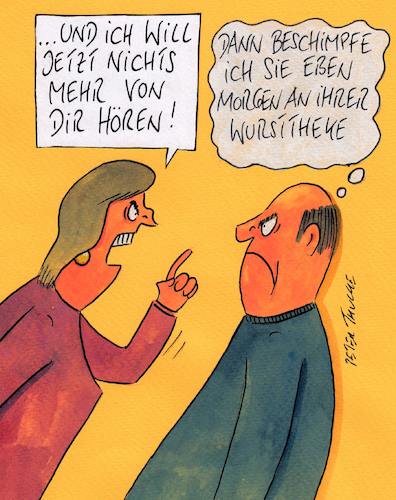 Cartoon: beschimpfung (medium) by Peter Thulke tagged beschimpfen,wursttheke,verkäuferin,beschimpfen,wursttheke,verkäuferin