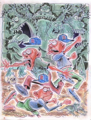 Cartoon: Kids Running (medium) by Cartoons and Illustrations by Jim McDermott tagged boston,baseball,scary,monsters