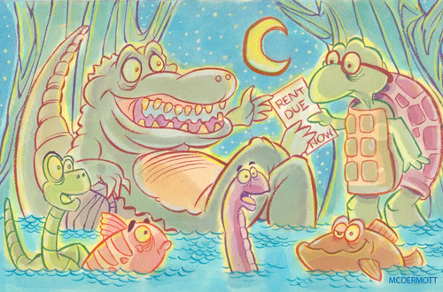 Cartoon: Rent is Due (medium) by Cartoons and Illustrations by Jim McDermott tagged childrensbook,fantasy,animals,turtle,fish,snake,alligator