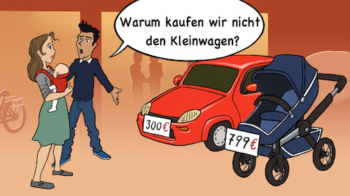 Cartoon: Kinderwagen vs Kleinwagen (medium) by Michael Verhülsdonk tagged kinder,kinderwagen,eltern,junge,familie,kleinwagen,automobil,markt,kleinkind
