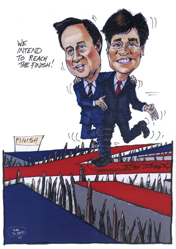 Cartoon: Cameron and Clegg (medium) by jean gouders cartoons tagged charles,marriage,william,kate,wedding,royal,clegg,cameron,queen,buckingham,palace,windsor,mountbatten,middleton,westminster,abbey,camilla,jean,gouders,cameron,clegg,uk,wahl,wahlen,england,koalition