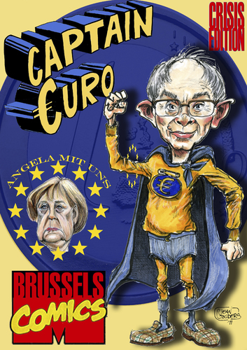 Cartoon: captain Euro (medium) by jean gouders cartoons tagged merkel,crisis,euro,deutschland,germany,role,leading,eu,deutschland,merkel,euro
