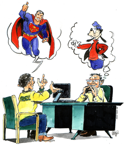 Cartoon: Job interview (medium) by jean gouders cartoons tagged job,interview,jean,gouders,competence,job,interview,arbeit,karriere,arbeiten,jobsuche,vorstellungsgespräch,superman,held,goofy